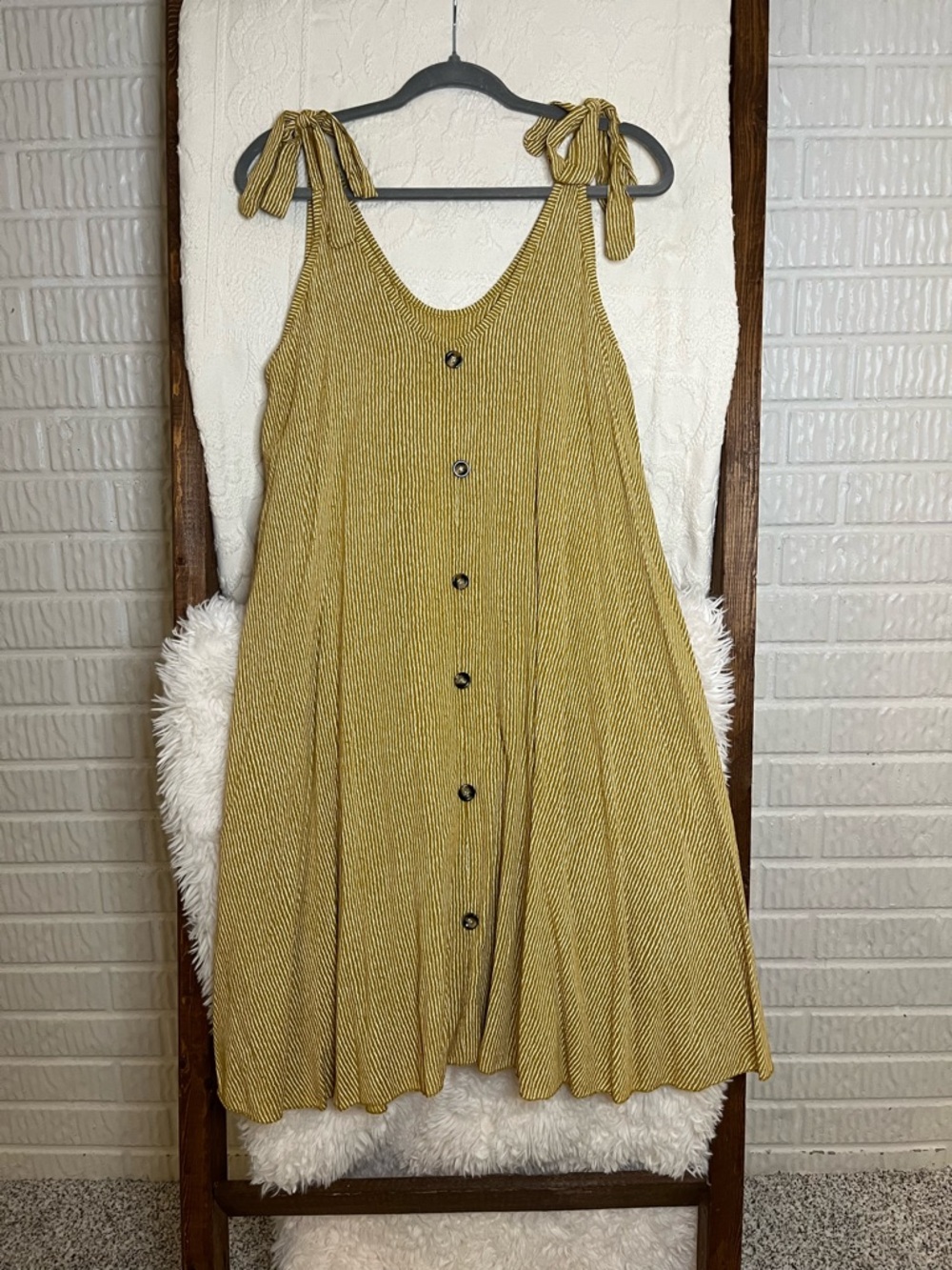 Boho Mustard Yellow Striped Button-Front Mini Women’s Medium Dress